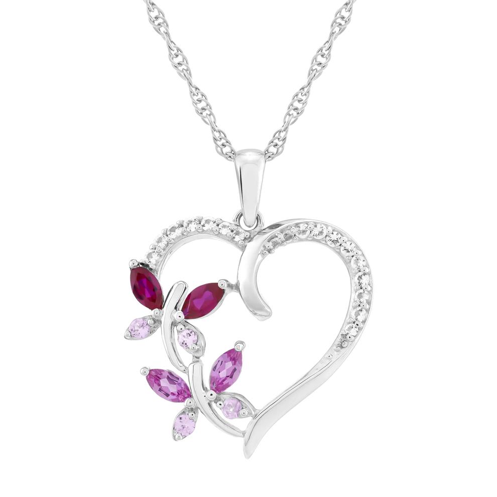 Lab-Created Ruby, Lab-Created Pink &amp; White Sapphire Heart &amp; Butterfly Pendant Necklace in Sterling Silver – Image 1 of 3