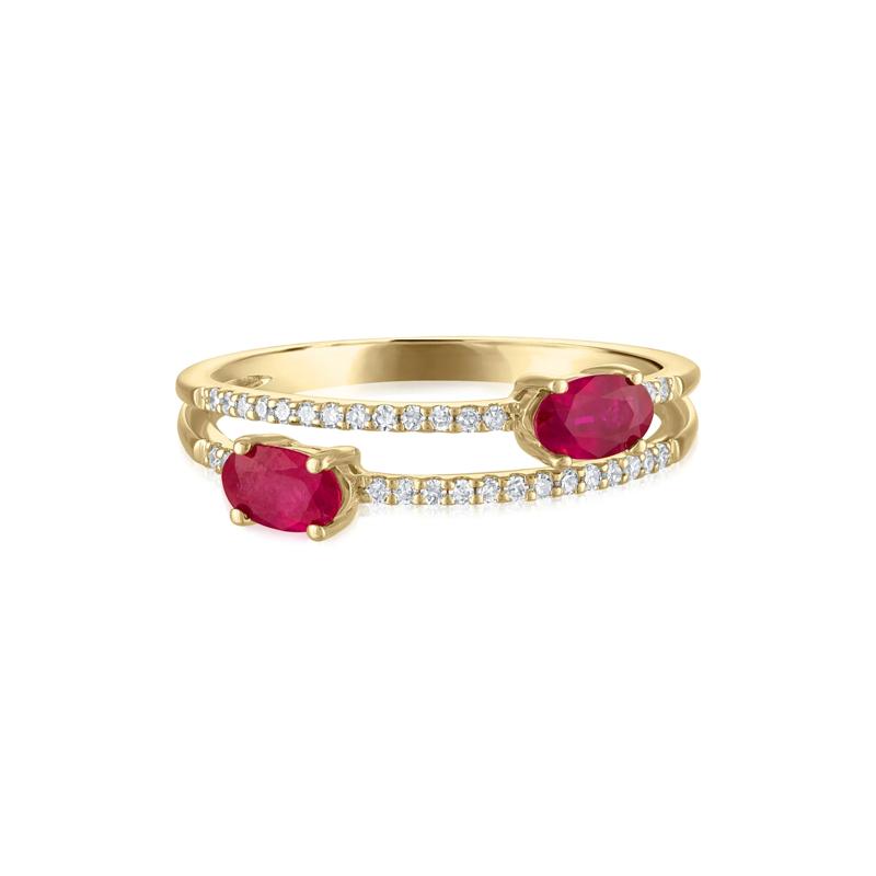 Diamond and Ruby Double Row Band in 10K Yellow Gold &#40;1/10 ct. tw.&#41; – Image 1 of 3