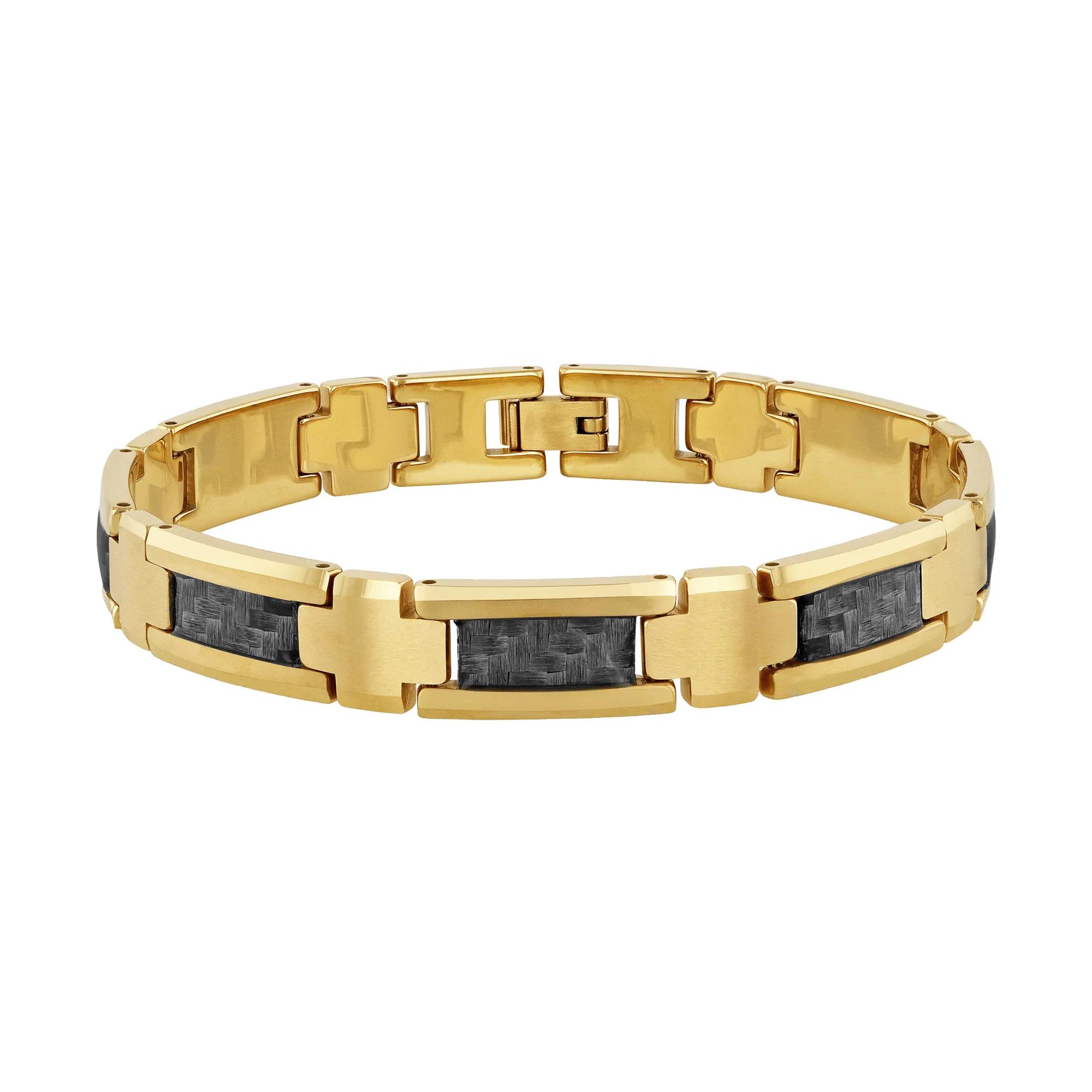 Gem Stone King Men's Yellow Carbon Fiber Tungsten Bracelet - 8.25 Inch Length, Fold-Over Safety Clasp, Modern Jewelry