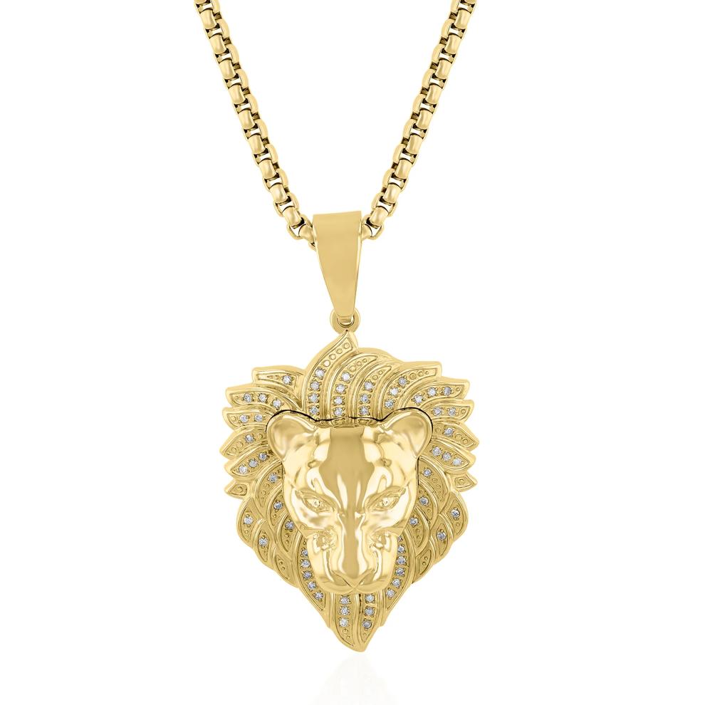 Diamond Lion Head Pendant in Yellow Ion-Plated Stainless Steel (1/4 ct. tw.) – Image 1 of 3
