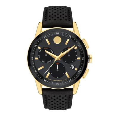 Men's Museum Sport Watch in Gold-Tone Stainless Steel and Black Leather, 43MM