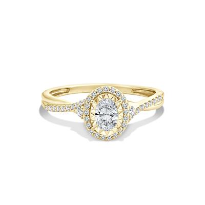 Lab Grown Diamond Oval Halo Center Twist-Shank Promise Ring in 10K Yellow Gold (1/2 ct. tw.)