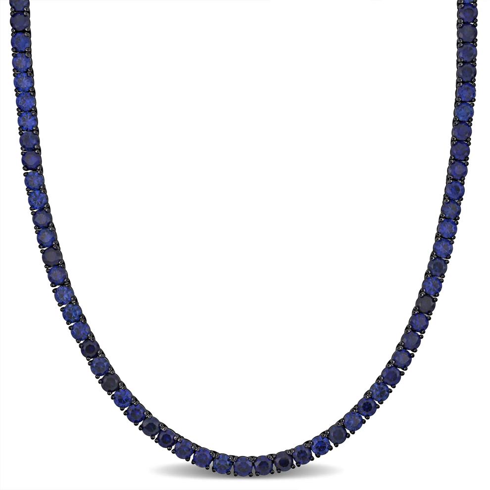 Lab-Created Blue Sapphire Tennis Necklace in Black Rhodium Plated Sterling Silver – Image 1 of 4