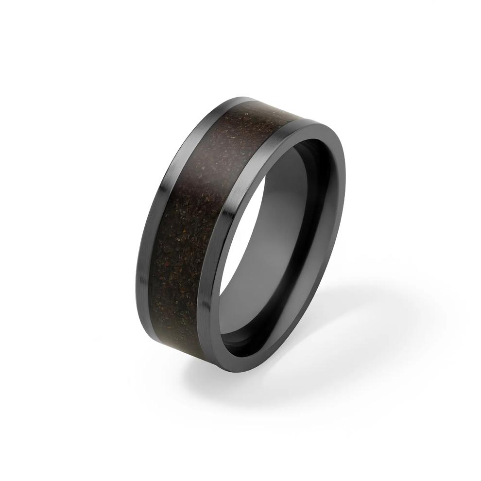 Men&rsquo;s Black Dinosaur Bone Mosaic Inlay Wedding Band in Black Zirconium, 8mm – Image 4 of 5