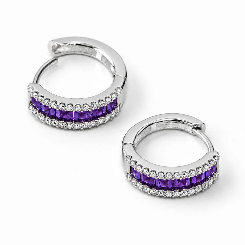Amethyst &amp; Diamond Hoop Earrings in 10K White Gold (1/4 ct. tw.) – Image 2 of 2