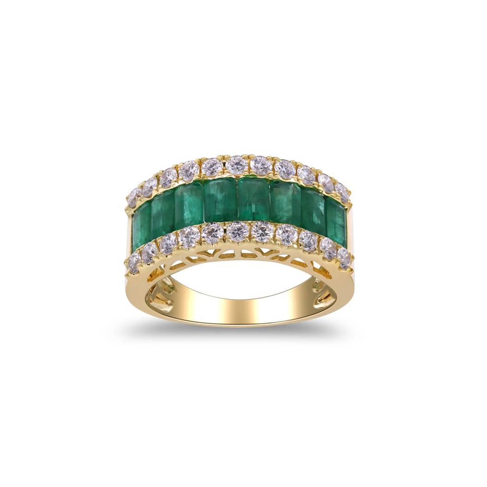 Emerald and Diamond Three-Row Ring in 14K Yellow Gold (3/4 ct. tw.) – Image 1 of 4