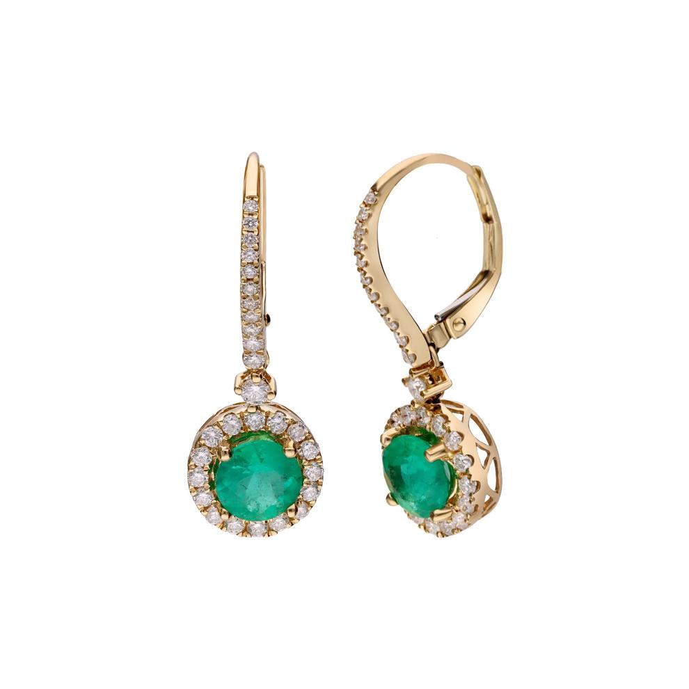 Round Emerald &amp; Diamond Halo Drop Earrings in 18K Yellow Gold (3/4 ct. tw.) – Image 1 of 3
