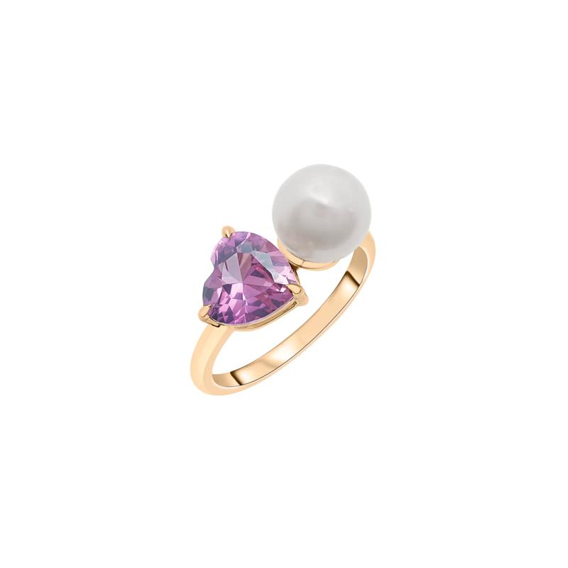 Rose de France and Freshwater Button Pearl Toi et Moi Ring in Vermeil – Image 5 of 7