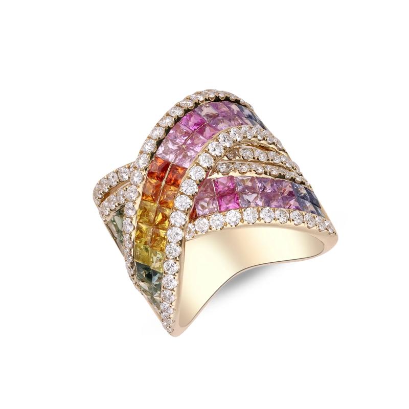 Multi-Colored Square Sapphires &amp; Diamond Ring in 14K Yellow Gold &#40;2 ct. tw.&#41; – Image 5 of 5