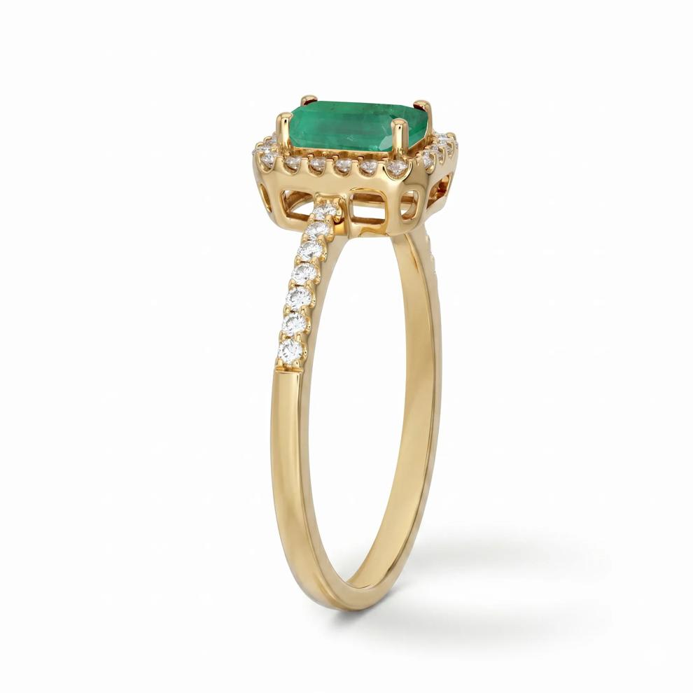 Emerald &amp; Diamond Halo Ring in 10K Yellow Gold (1/5 ct. tw.) – Image 2 of 4