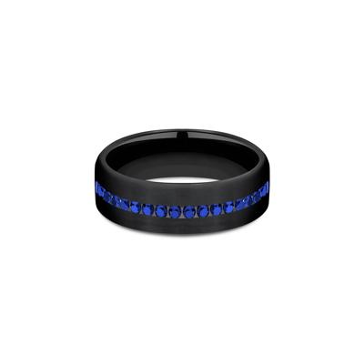 Men's Blue Sapphire Wedding Band in Black Titanium, 6.5mm