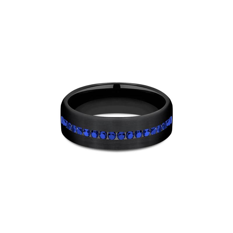 Men&#39;s Blue Sapphire Wedding Band in Black Titanium, 6.5mm – Image 1 of 3
