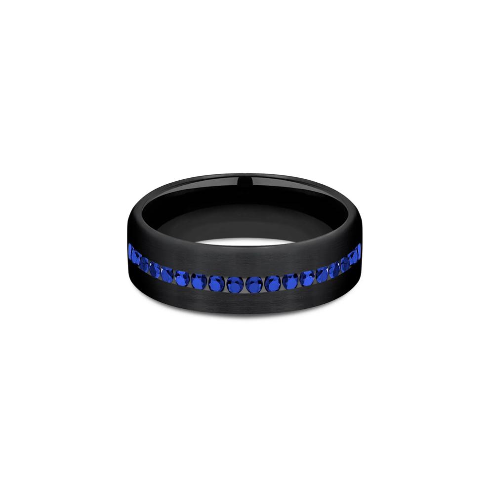 Men's Blue Sapphire Wedding Band in Black Titanium, 6.5mm – Image 1 of 3
