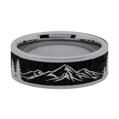 Men's Flat Band with Mountain Engraving in Tantalum, 8MM