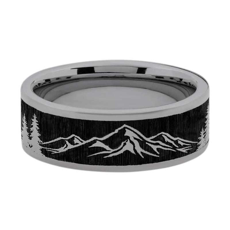 Men&#39;s Flat Band with Mountain Engraving in Tantalum, 8MM – Image 1 of 3