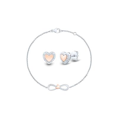 Diamond Accent Heart Infinity Earring & Bracelet Box Set in Sterling Silver and 14K Rose Gold