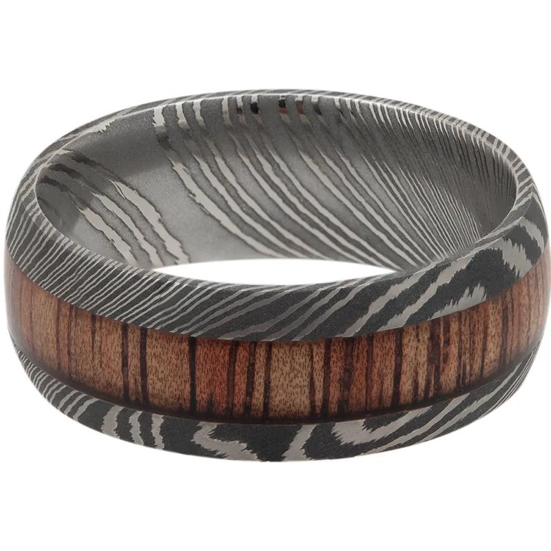 Men&rsquo;s Wood Inlay Wedding Band in Damascus Steel – Image 1 of 4