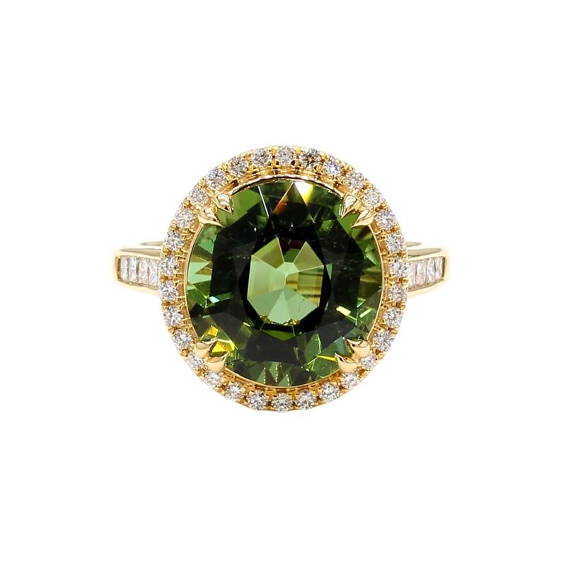 Green Tourmaline and Diamond Halo Ring in 18K Yellow Gold &#40;1/2 ct. tw.&#41; – Image 1 of 3