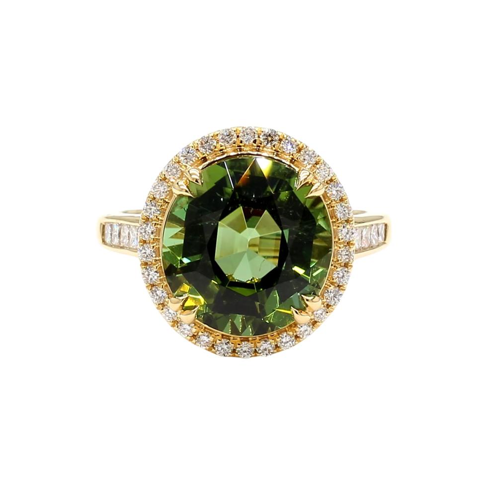 Green Tourmaline and Diamond Halo Ring in 18K Yellow Gold (1/2 ct. tw.) – Image 1 of 3