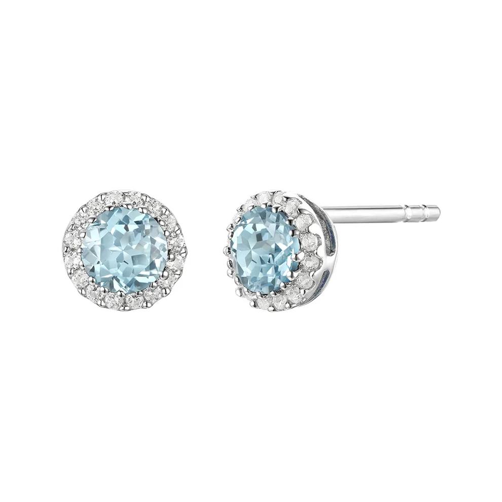 Diamond &amp; Aquamarine Stud Earrings in 14K White Gold – Image 1 of 1
