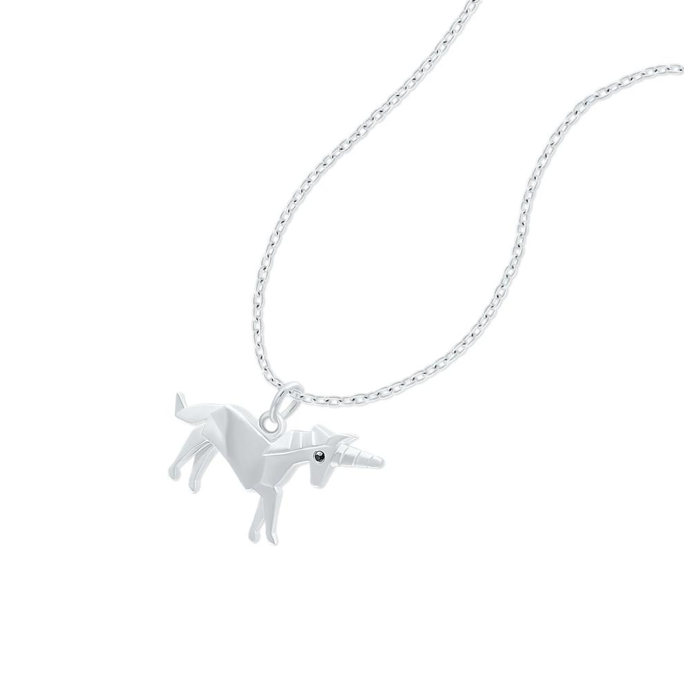 Black Diamond Accent Origami Unicorn Pendant Necklace in Sterling Silver – Image 4 of 4
