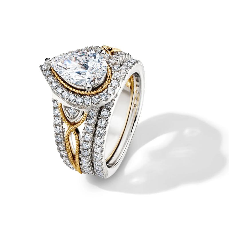 Aria Lab Grown Diamond Pear-Shaped Halo Bridal Set in 14K White &amp; Yellow Gold (2 5/8 ct. tw.) – Image 7 of 8