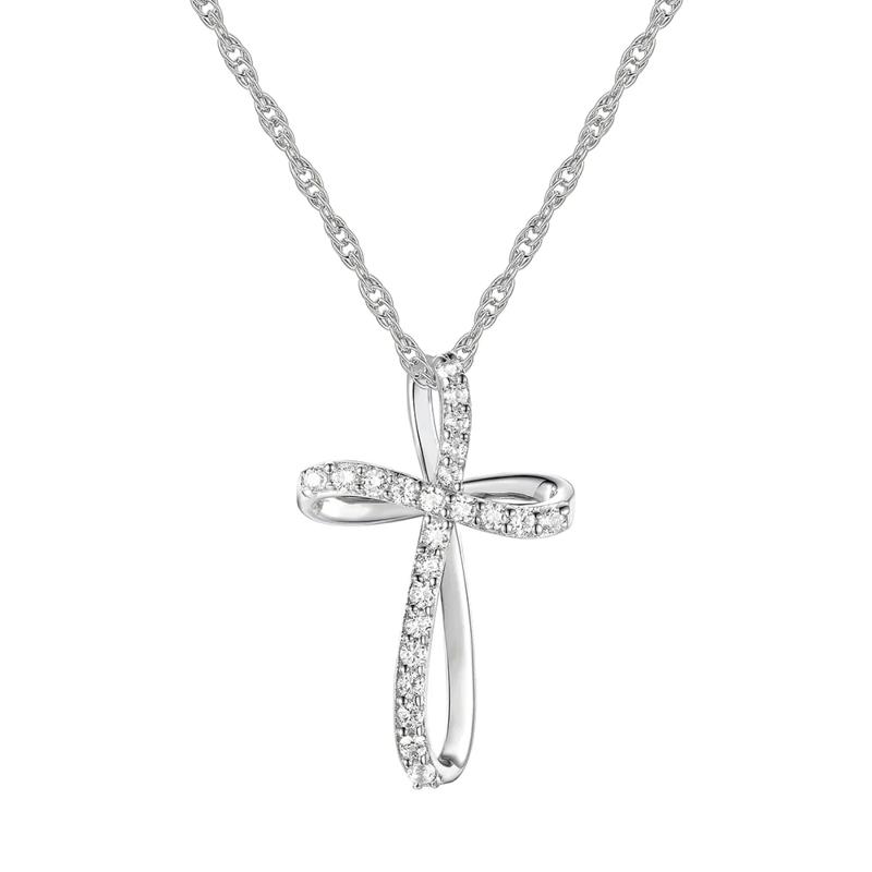 Loop Cross Pendant in 10K White Gold &#40;1/10 ct. tw.&#41; – Image 1 of 3