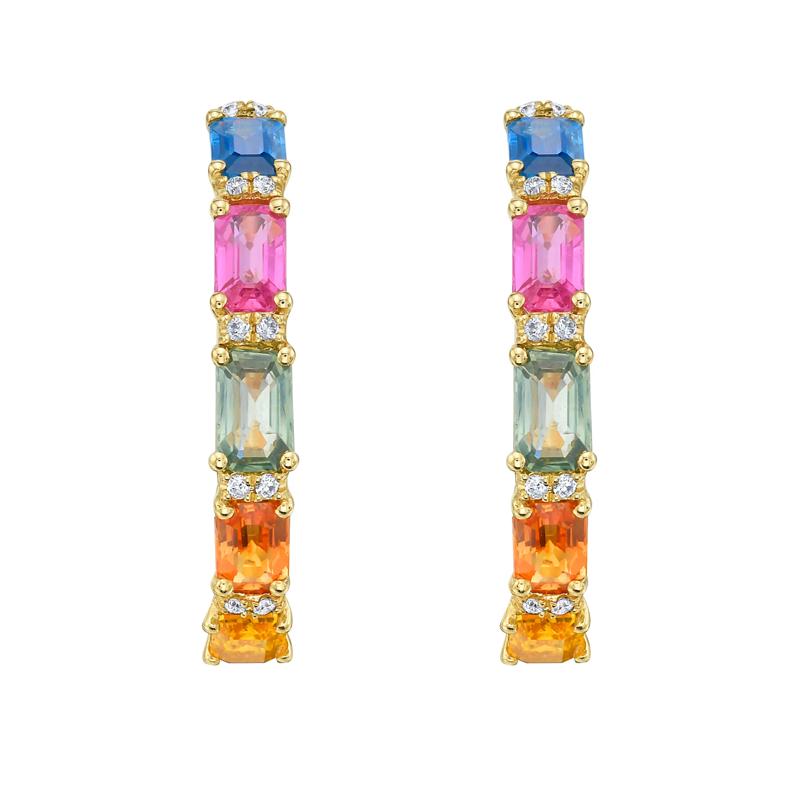 Multi-Sapphire and Diamond Hoops in 10K Yellow Gold (1/8 ct. tw.) – Image 2 of 2