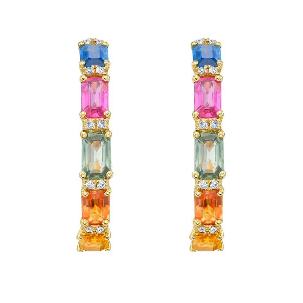 Multi-Sapphire and Diamond Hoops in 10K Yellow Gold (1/8 ct. tw.) – Image 2 of 2