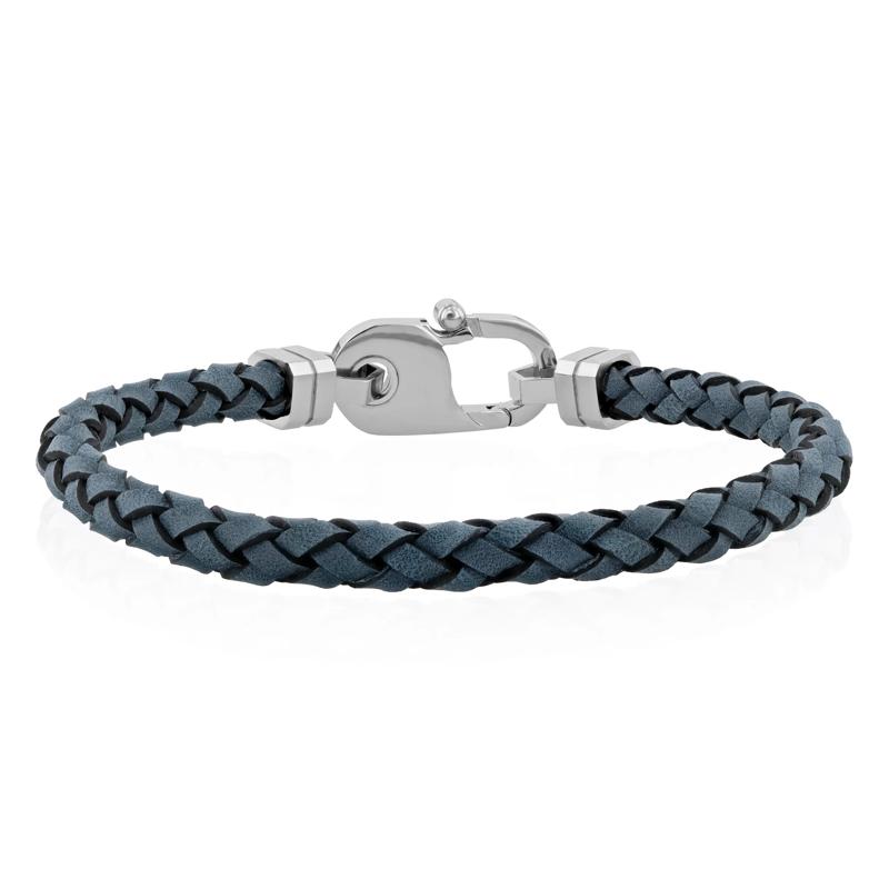 Gray Leather Bracelet in White Stainless Steel, 8.75&quot; – Image 1 of 3