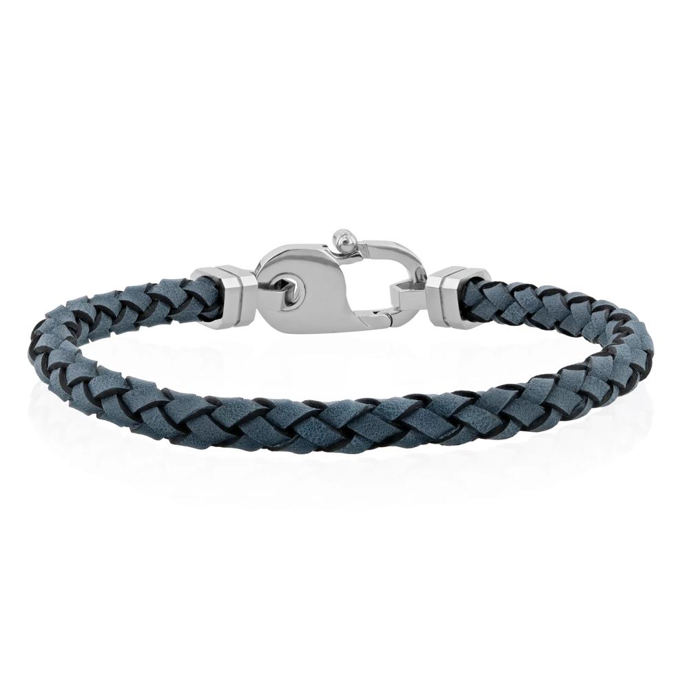 Gray Leather Bracelet in White Stainless Steel, 8.75" – Image 1 of 3