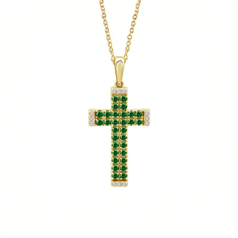 Emerald and Diamond Accent Cross Pendant in 10K Yellow Gold – Image 1 of 4