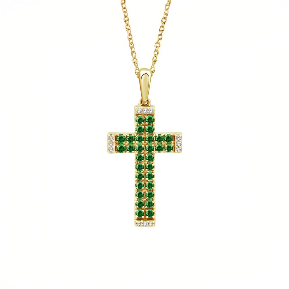 Emerald and Diamond Accent Cross Pendant in 10K Yellow Gold – Image 1 of 4