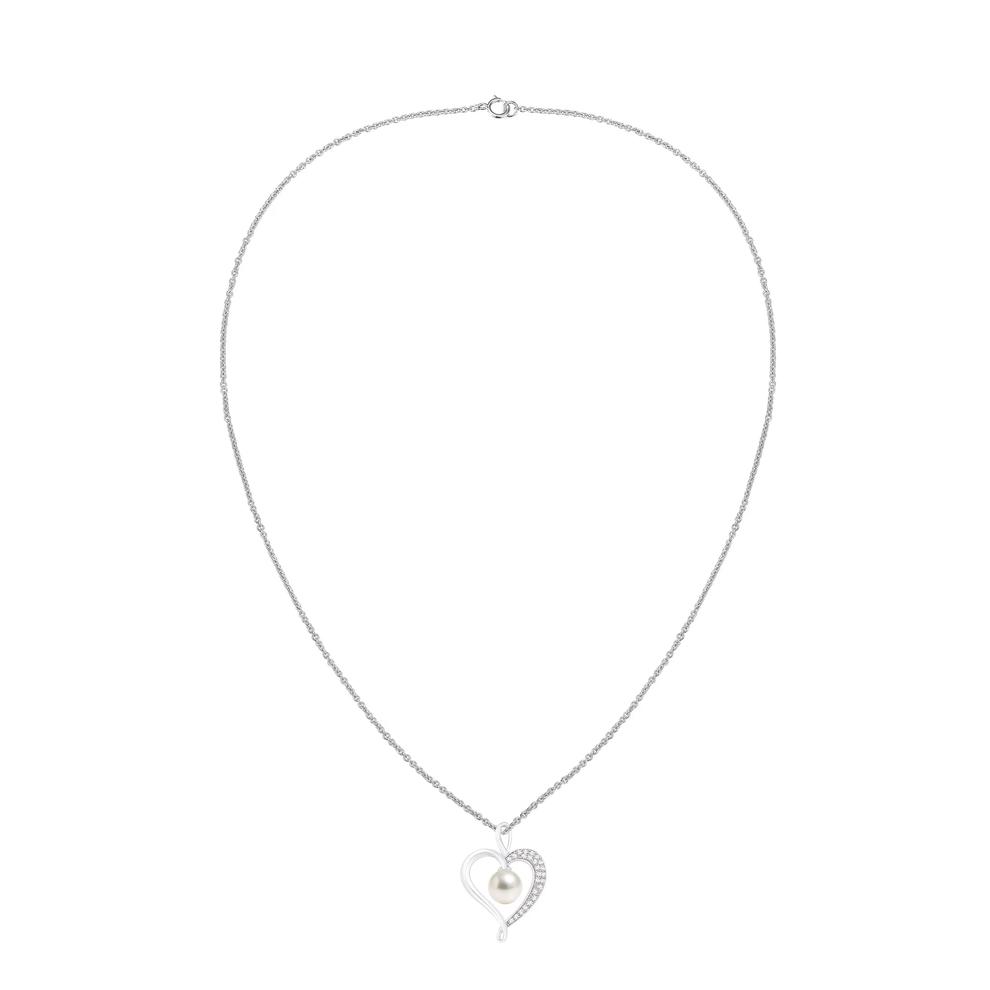 Freshwater Cultured Pearl &amp; Lab-Created White Sapphire Heart Pendant Necklace in Sterling Silver – Image 3 of 4