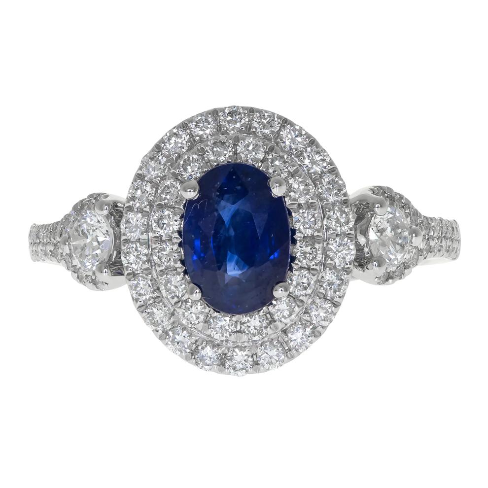 Blue Sapphire &amp; Diamond Double Halo Ring in 18K White Gold (3/4 ct. tw.) – Image 5 of 5
