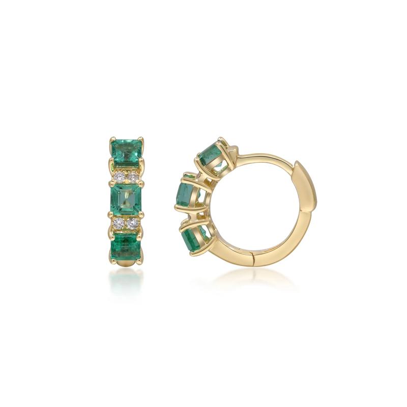 Emerald and Diamond Accent Huggie Hoop Earrings in 10K Yellow Gold – Image 2 of 3