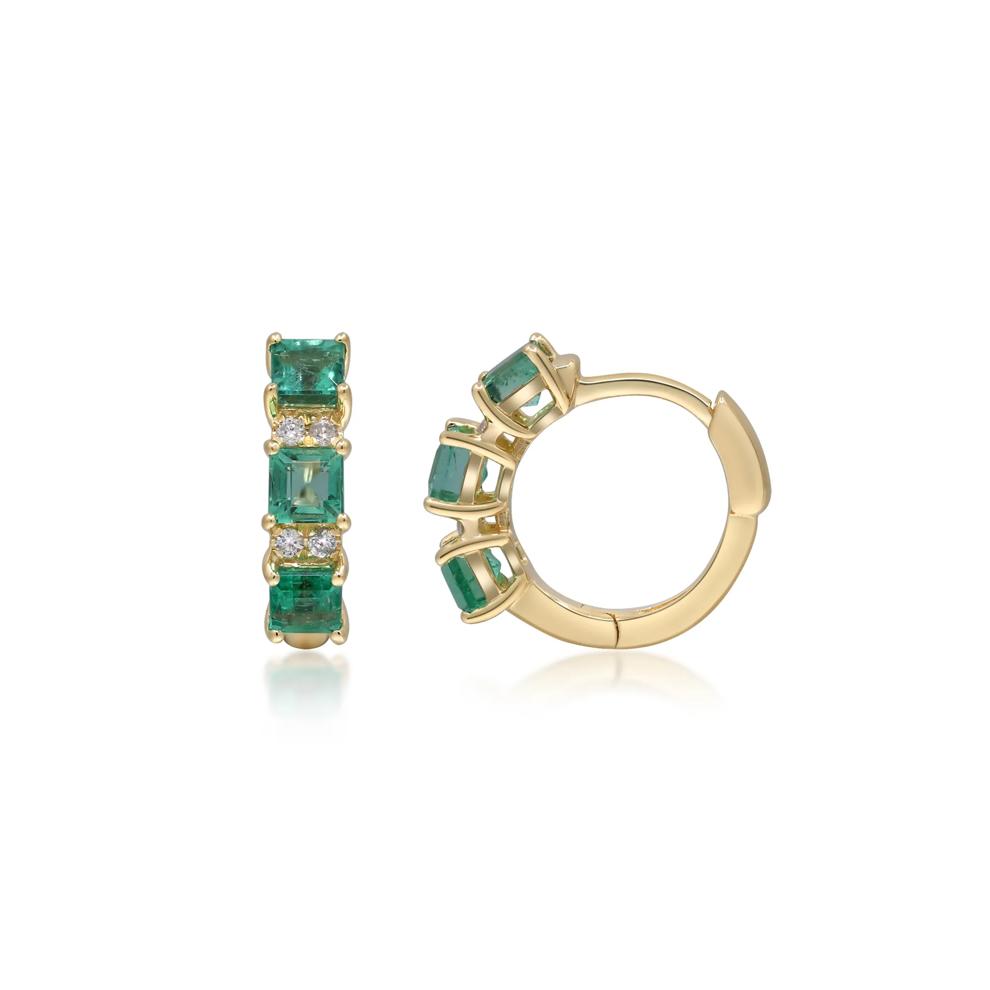 Emerald and Diamond Accent Huggie Hoop Earrings in 10K Yellow Gold – Image 2 of 3
