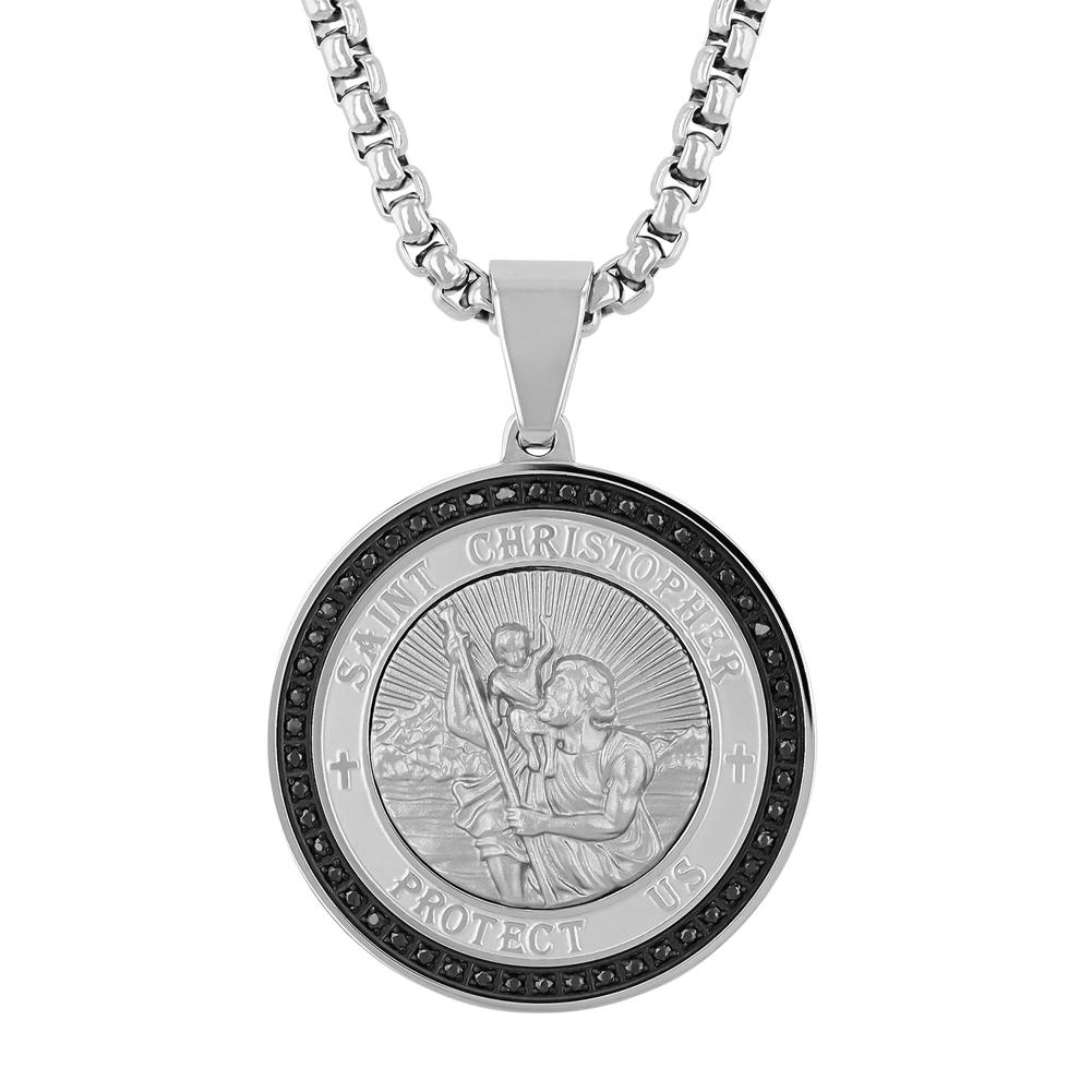 Men&rsquo;s Black Diamond St. Christopher Medallion in Stainless Steel (1/4 ct. tw.)  – Image 1 of 3