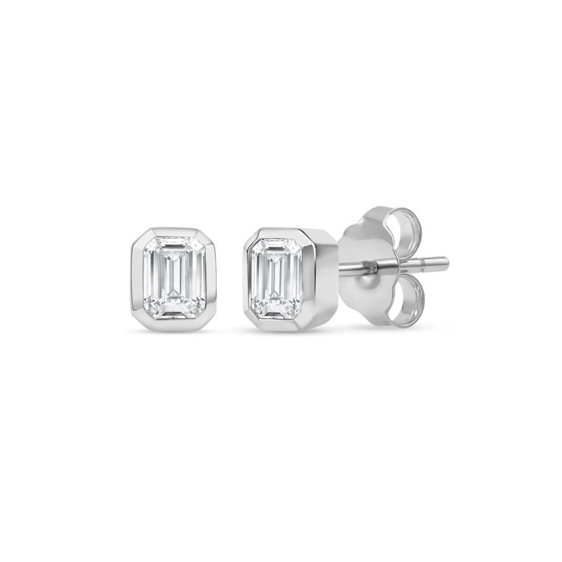 Lab Grown Diamond Emerald-Cut Bezel-Set Solitaire Stud Earrings in 14K White Gold &#40;1/3 ct. tw.&#41; – Image 1 of 3