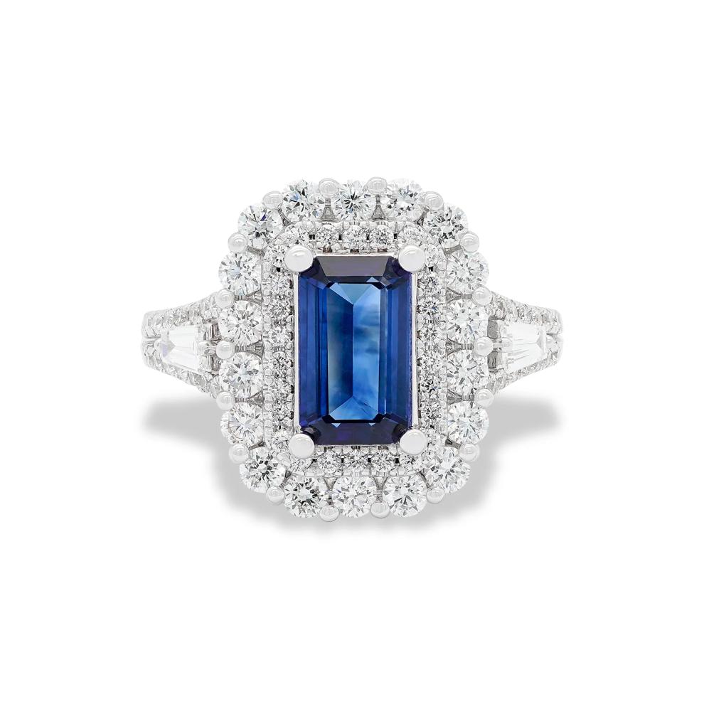 Blue Sapphire &amp; Diamond Halo Ring in 18K White Gold (1 ct. tw.) – Image 1 of 2