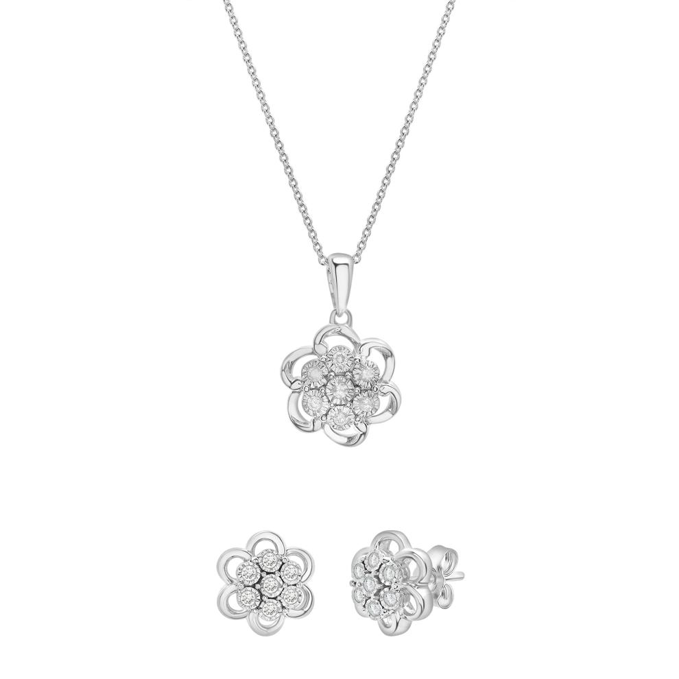 Diamond Flower Cluster Pendant &amp; Earrings Boxed Set in Sterling Silver (1/4 ct. tw.) – Image 1 of 6