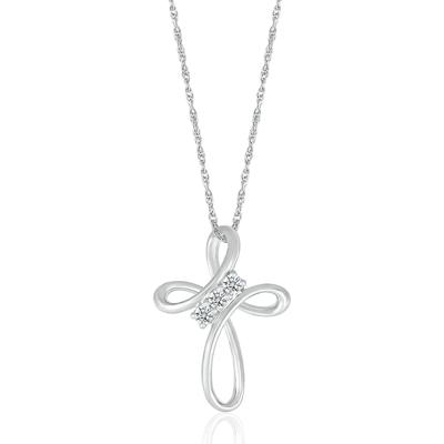 Diamond Cross Pendant with Three-Stone Design in 10K White Gold (1/8 ct. tw.)