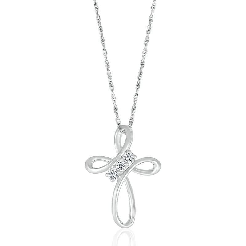 Diamond Cross Pendant with Three-Stone Design in 10K White Gold &#40;1/8 ct. tw.&#41; – Image 1 of 2