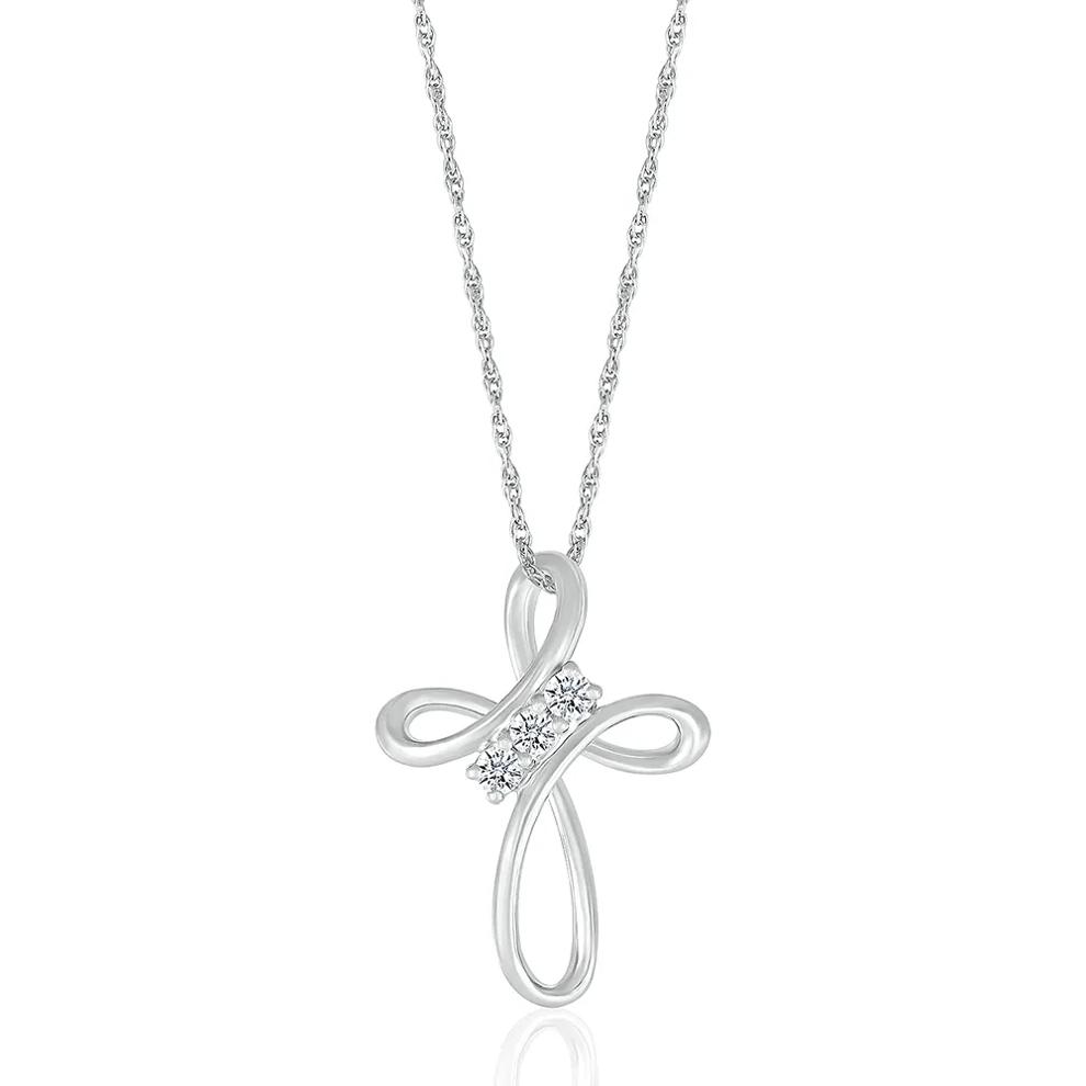 Diamond Cross Pendant with Three-Stone Design in 10K White Gold (1/8 ct. tw.) – Image 1 of 2