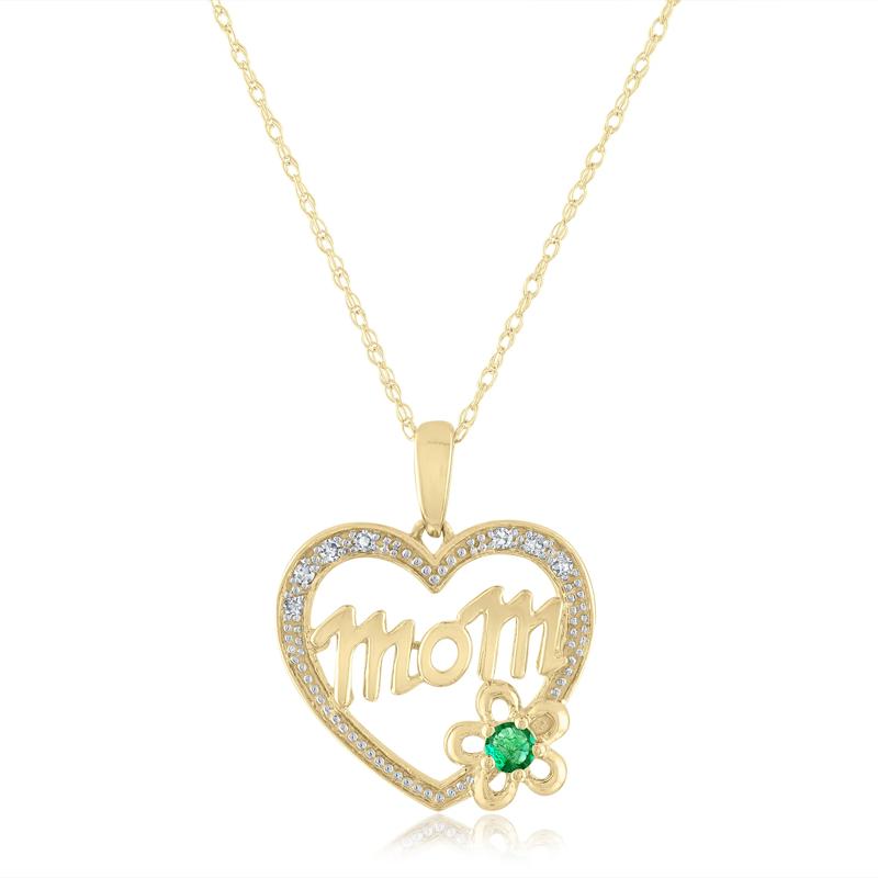 Emerald and Diamond Accent Mom Heart Pendant in 14K Yellow Gold – Image 1 of 3