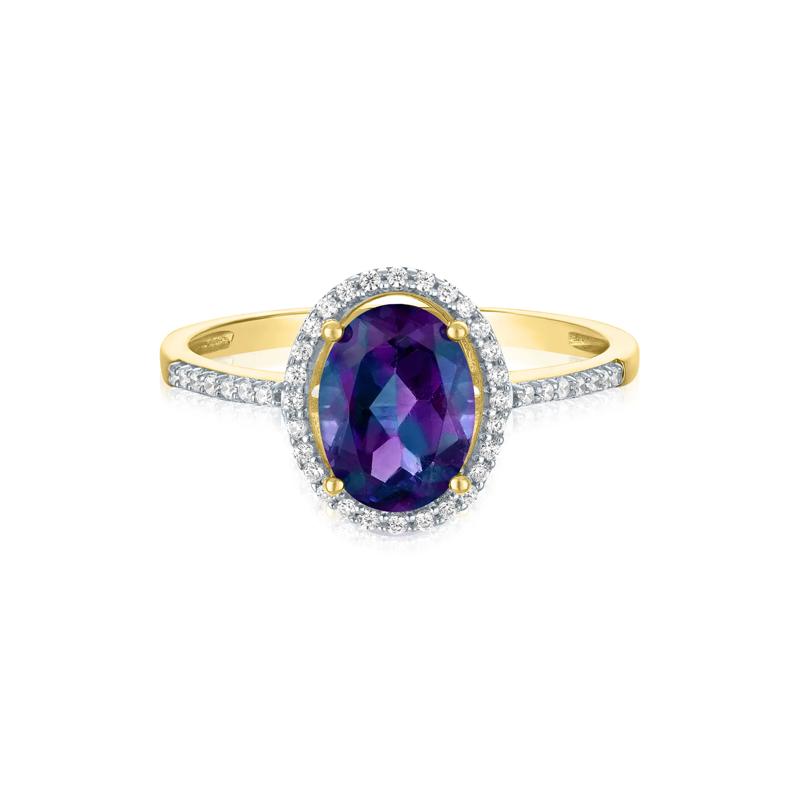 Lab-Created Alexandrite and Diamond Halo Ring in 10K Yellow Gold &#40;1/8 ct. tw.&#41; – Image 1 of 3
