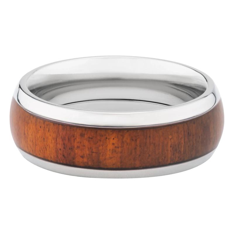 Men&#39;s Hardwood Inlay Domed Band in Titanium, 8MM – Image 1 of 3