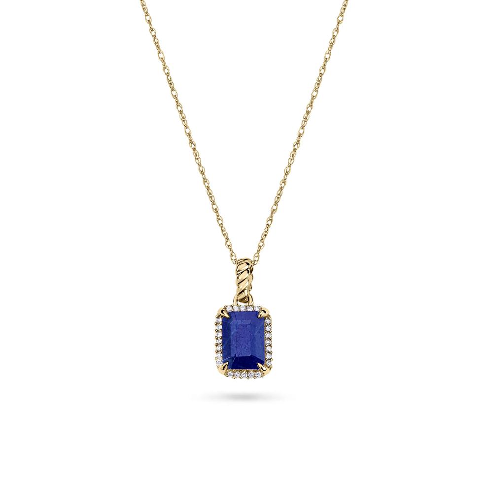 Blue Sapphire &amp; Diamond Accent Halo Pendant in 14K Yellow Gold – Image 1 of 4