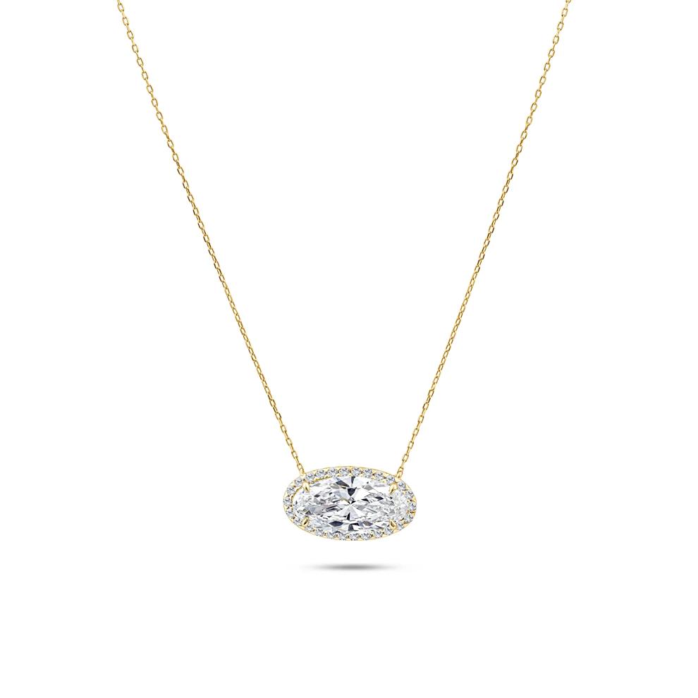 Lab Grown Diamond Elongated Oval Halo Pendant Necklace in 10K Yellow Gold (2 1/5 ct. tw.) – Image 1 of 4