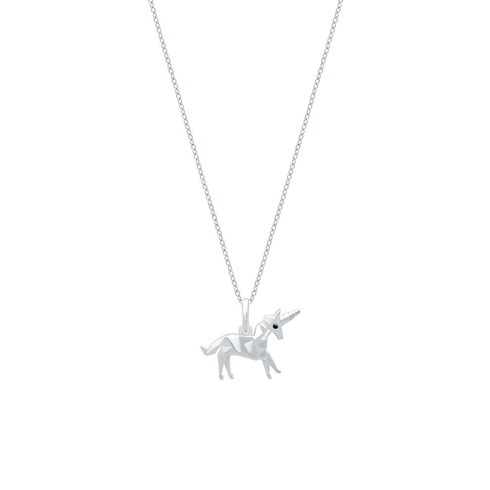 Black Diamond Accent Origami Unicorn Pendant Necklace in Sterling Silver – Image 1 of 4